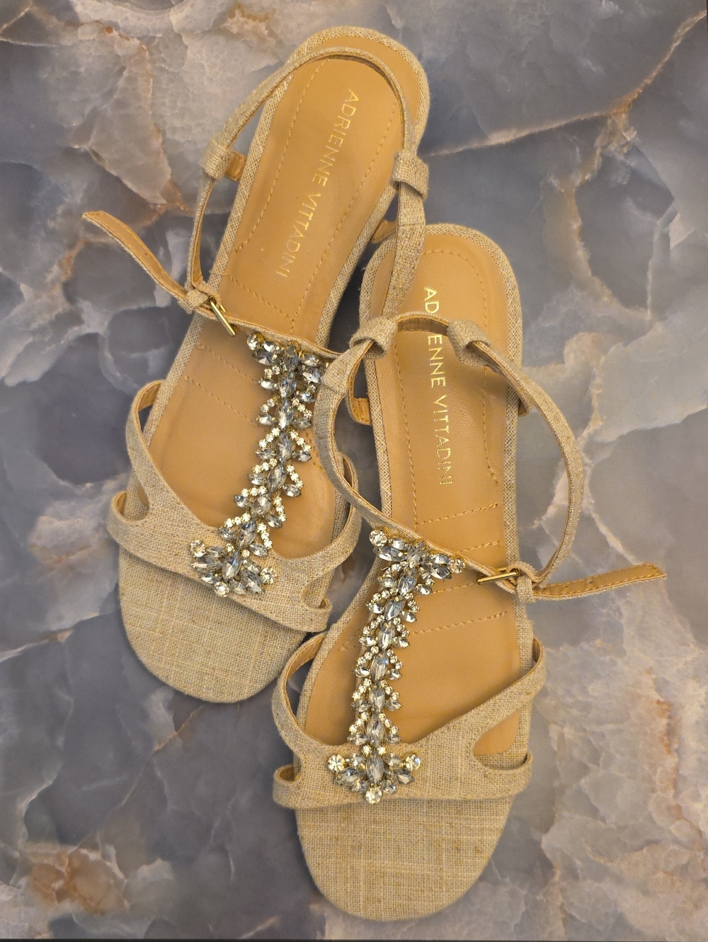 Adrienne Vittadini Tan Jeweled T‑Strap Sandals